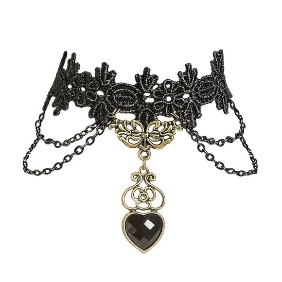 Gothic Victorian Style Black Crochet Lace Heart Drop Dangle Chain Bracelet - Picture 2 of 6